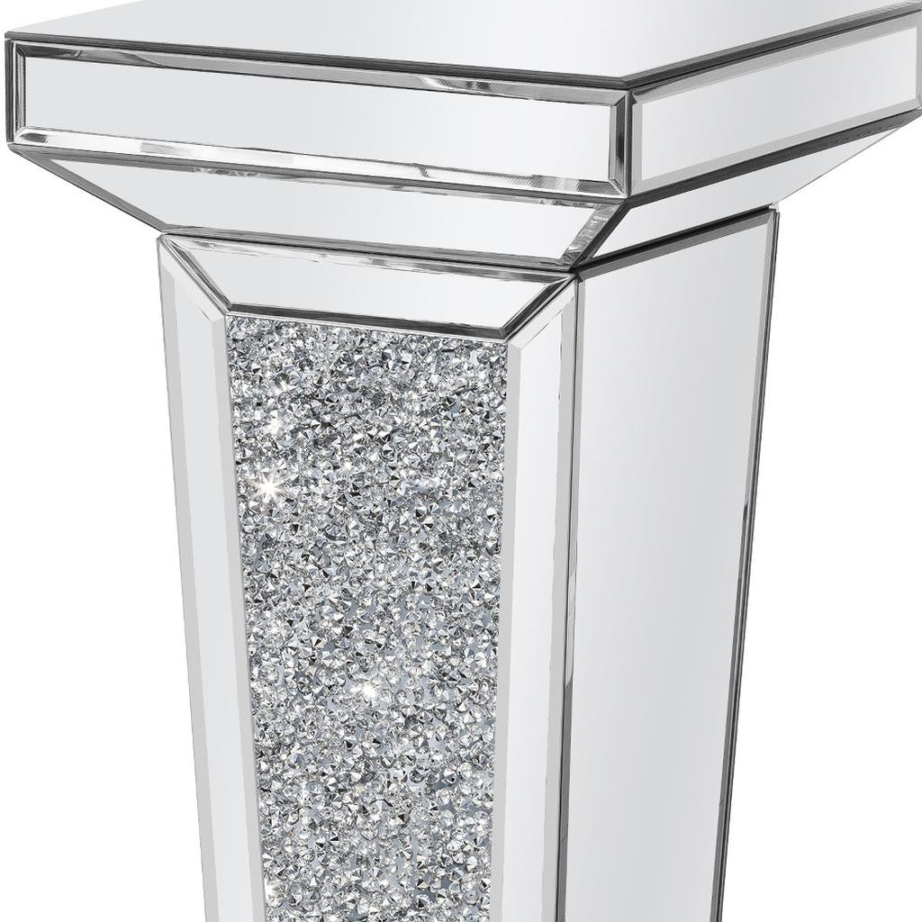 35" Silver Mirrored Glass And Faux Crystals Pedestal Accent Table