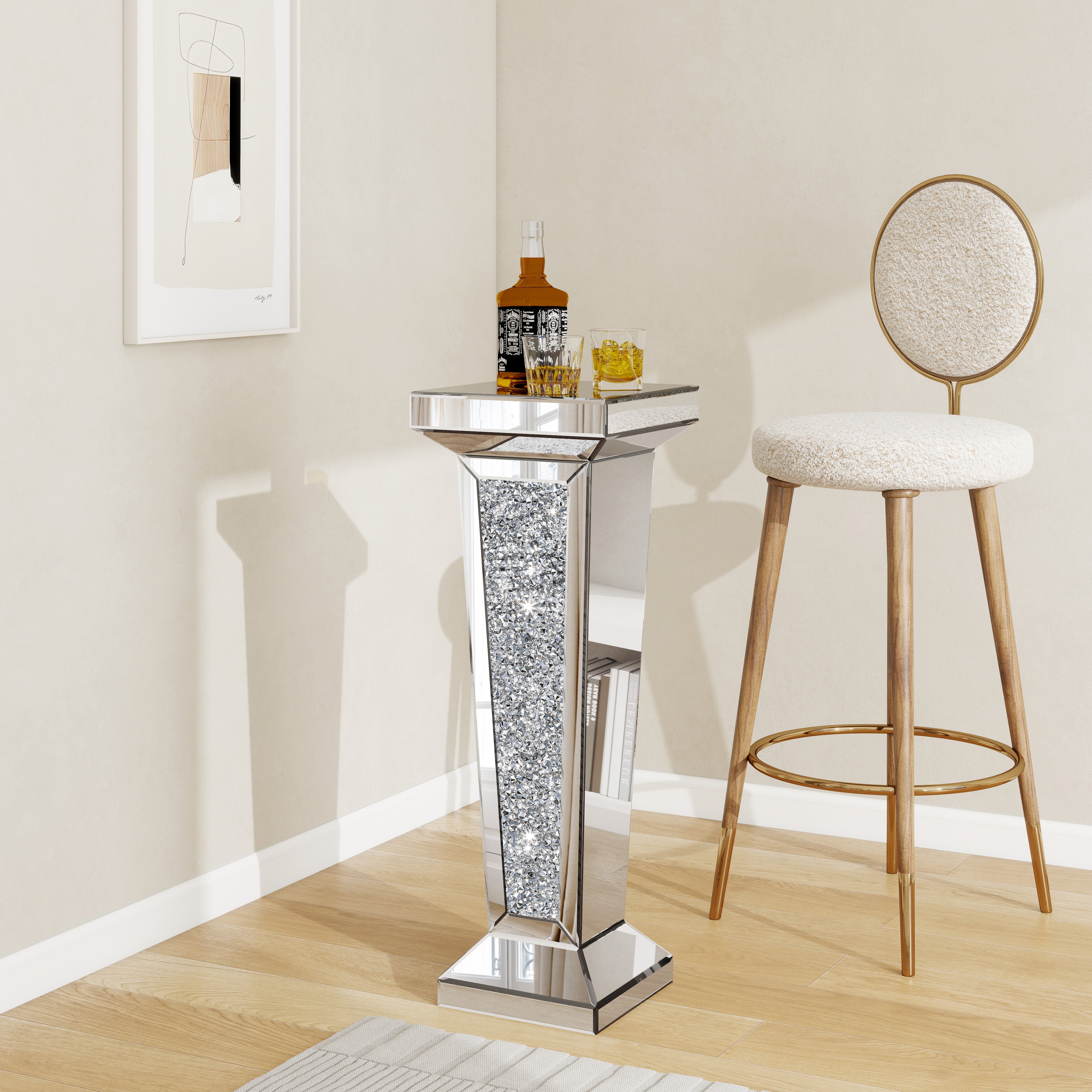 35" Silver Mirrored Glass And Faux Crystals Pedestal Accent Table