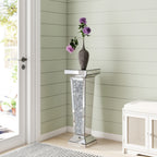 35" Silver Mirrored Glass And Faux Crystals Pedestal Accent Table