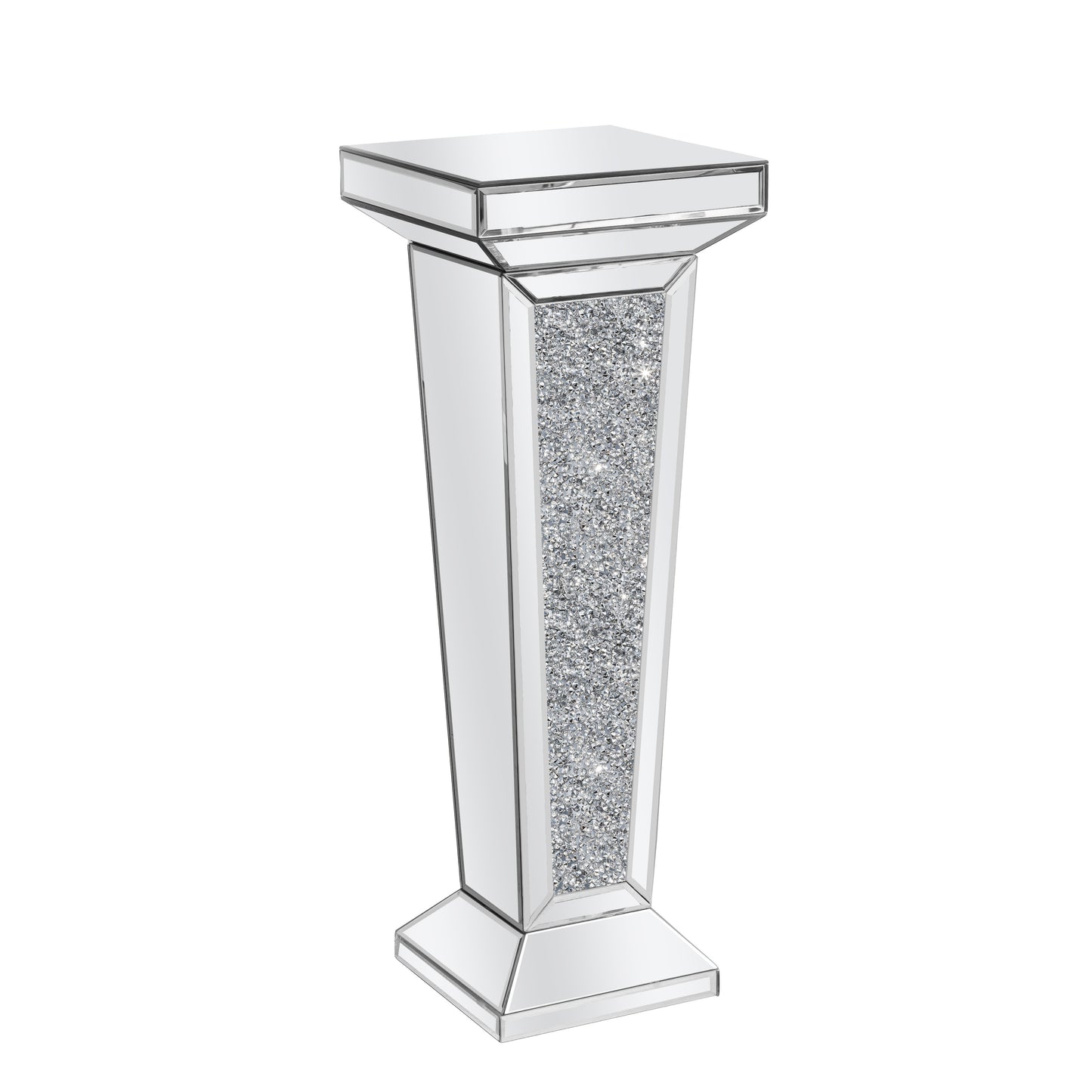 35" Silver Mirrored Glass And Faux Crystals Pedestal Accent Table