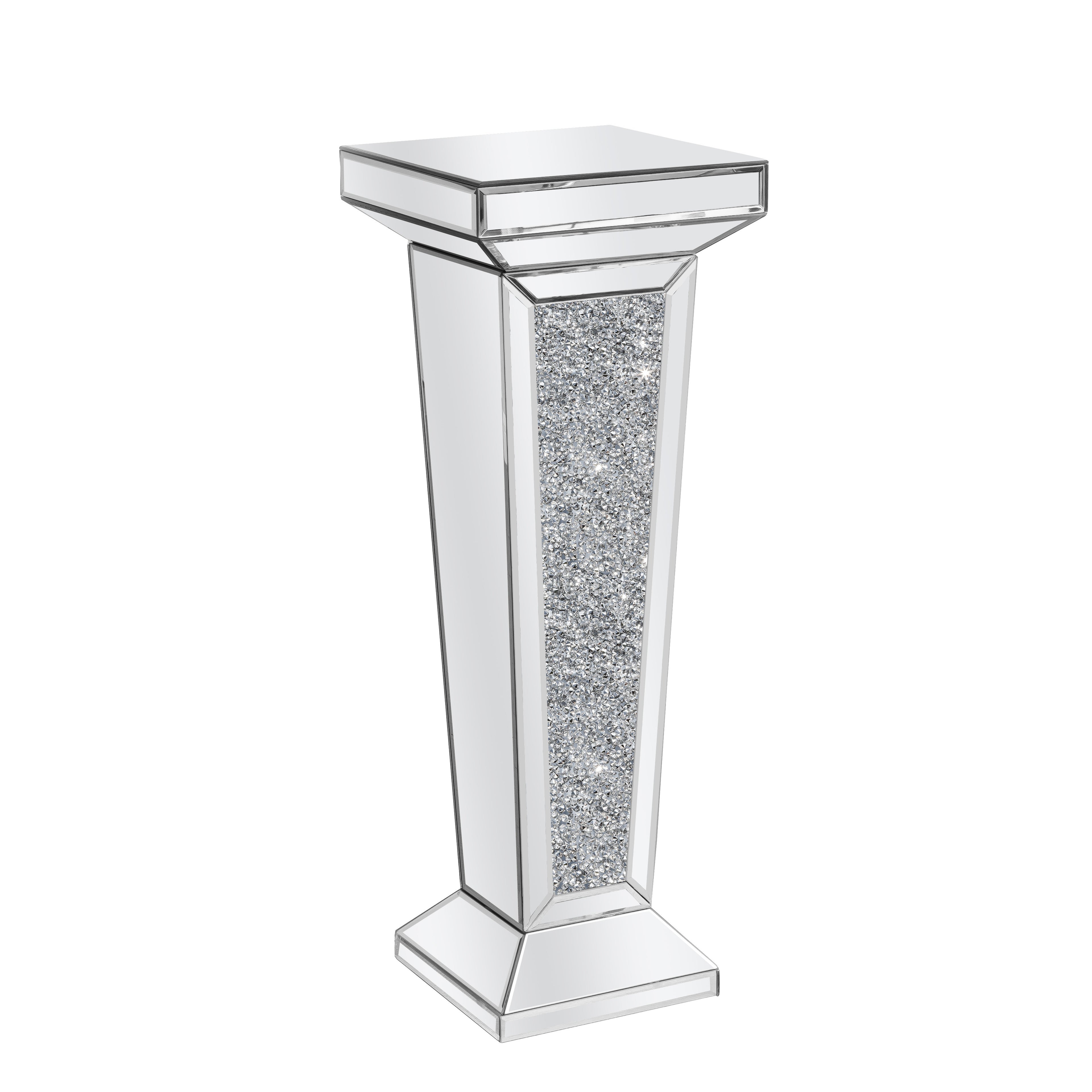 35" Silver Mirrored Glass And Faux Crystals Pedestal Accent Table