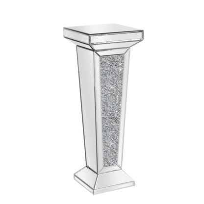 35" Silver Mirrored Glass And Faux Crystals Pedestal Accent Table
