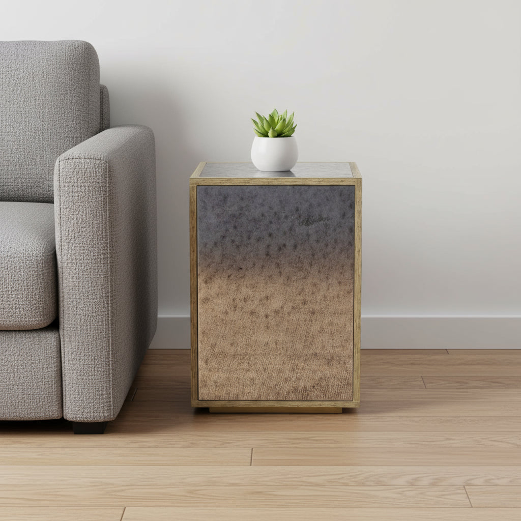 22" Silver and Gold Mirrored Glass and Wood Block End Table