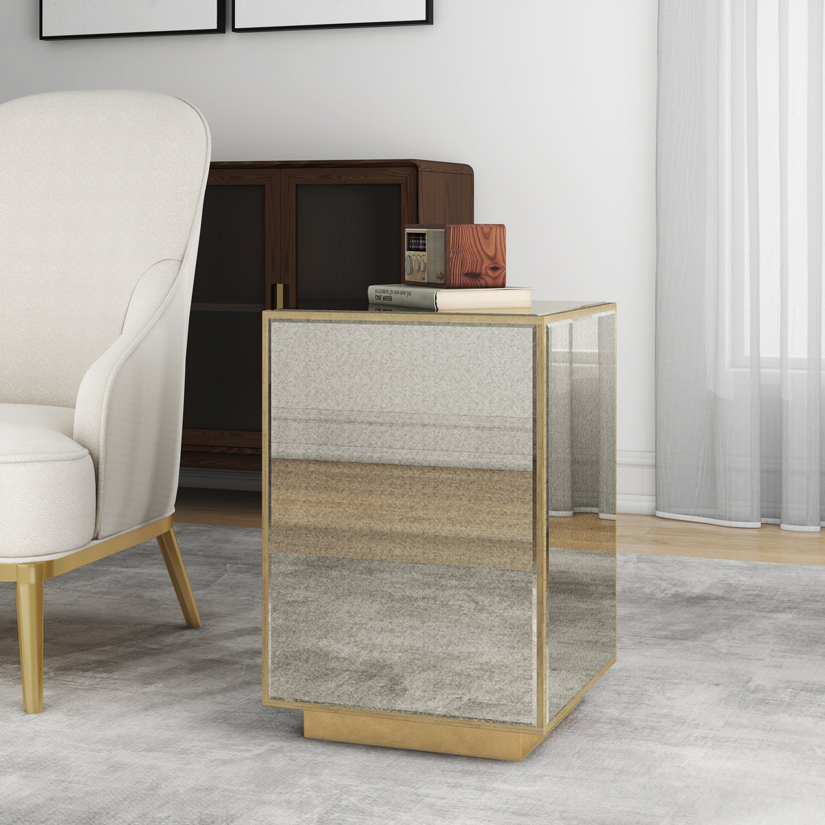 22" Silver and Gold Mirrored Glass and Wood Block End Table