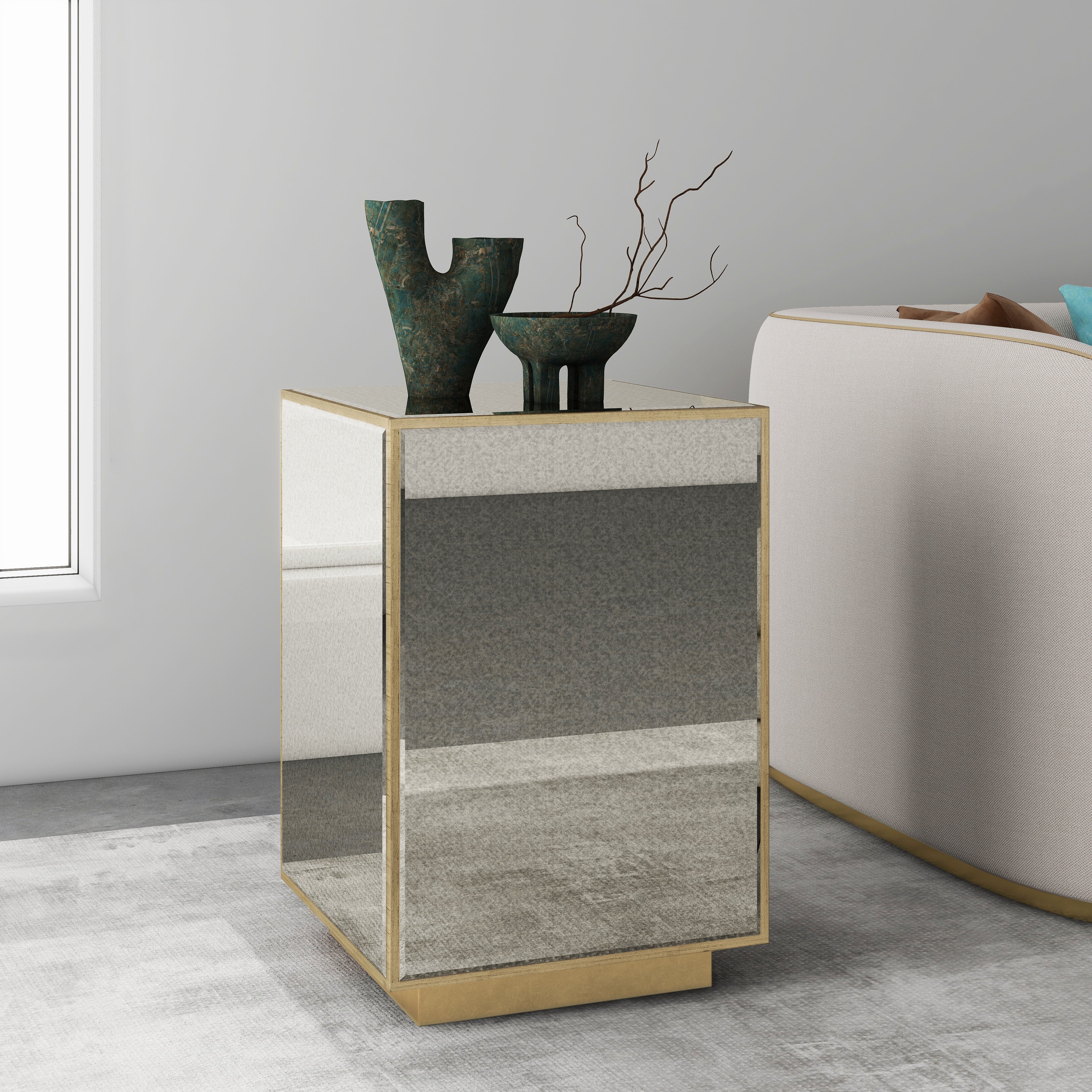 22" Silver and Gold Mirrored Glass and Wood Block End Table