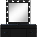 62" Black Wood And Glass Six Drawer Vanity Table With Mirror Seating And Lights