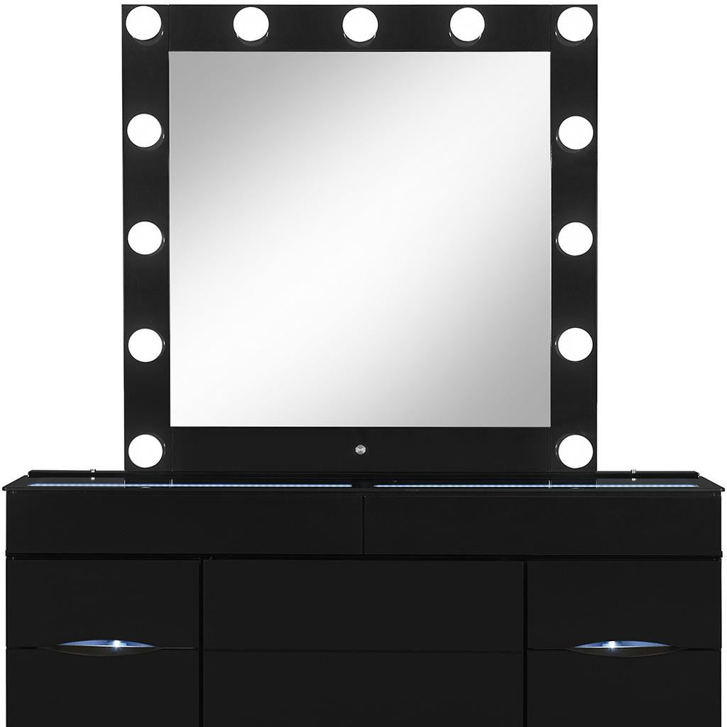 62" Black Wood And Glass Six Drawer Vanity Table With Mirror Seating And Lights