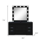 62" Black Wood And Glass Six Drawer Vanity Table With Mirror Seating And Lights