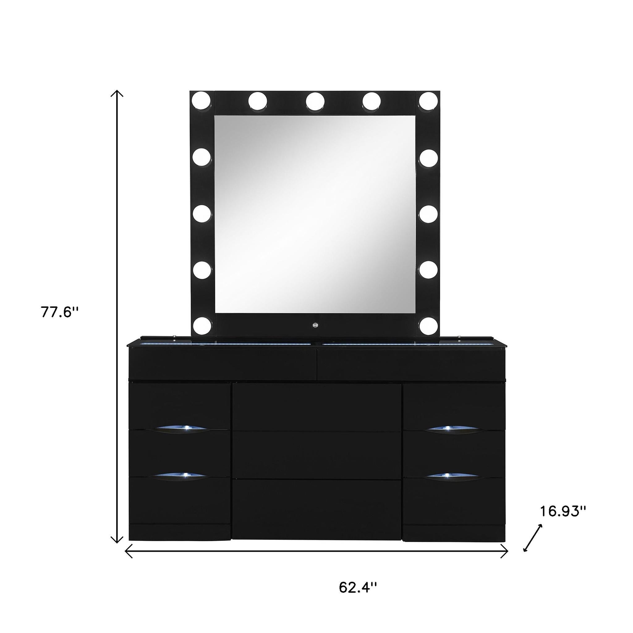 62" Black Wood And Glass Six Drawer Vanity Table With Mirror Seating And Lights