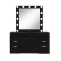 62" Black Wood And Glass Six Drawer Vanity Table With Mirror Seating And Lights