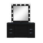 62" Black Wood And Glass Six Drawer Vanity Table With Mirror Seating And Lights