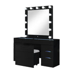 62" Black Wood And Glass Six Drawer Vanity Table With Mirror Seating And Lights