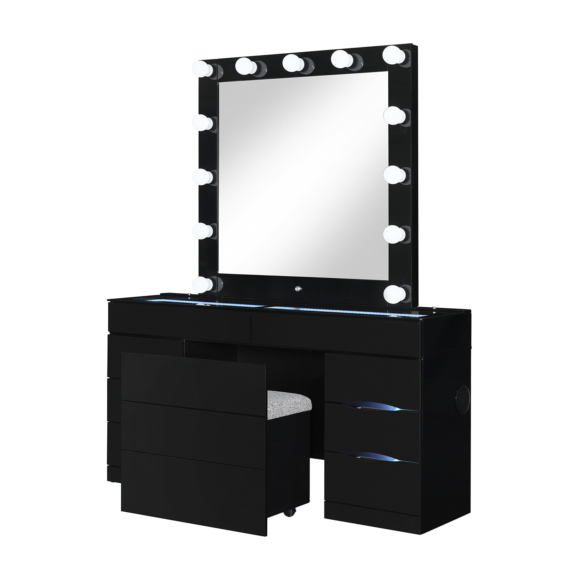 62" Black Wood And Glass Six Drawer Vanity Table With Mirror Seating And Lights