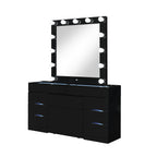 62" Black Wood And Glass Six Drawer Vanity Table With Mirror Seating And Lights