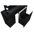 62" Black Wood And Glass Six Drawer Vanity Table With Mirror Seating And Lights
