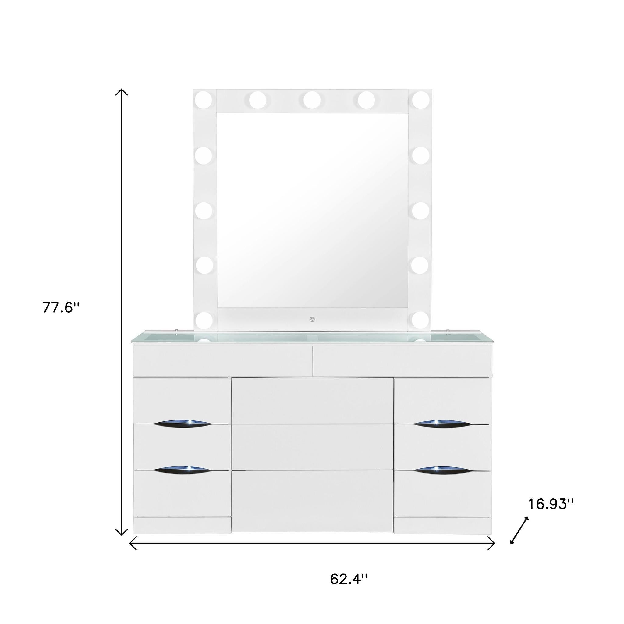62" White Wood And Glass Six Drawer Vanity Table With Mirror Seating And Lights