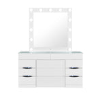 62" White Wood And Glass Six Drawer Vanity Table With Mirror Seating And Lights