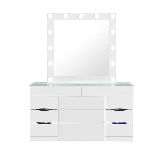 62" White Wood And Glass Six Drawer Vanity Table With Mirror Seating And Lights