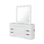 62" White Wood And Glass Six Drawer Vanity Table With Mirror Seating And Lights
