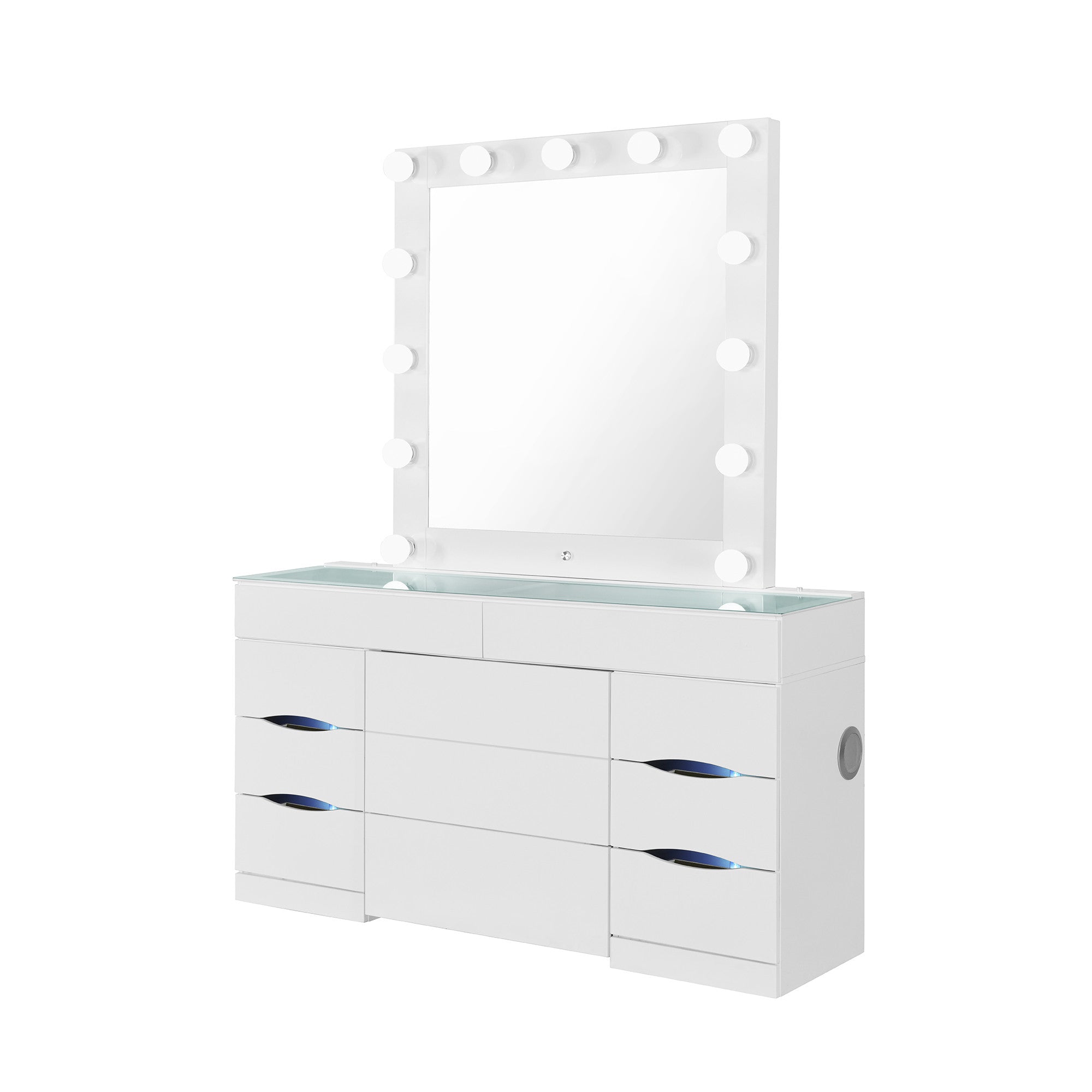 62" White Wood And Glass Six Drawer Vanity Table With Mirror Seating And Lights