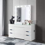 62" White Wood And Glass Six Drawer Vanity Table With Mirror Seating And Lights