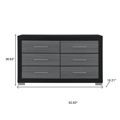 63" Black And Gray Wood Six Drawer Double Dresser
