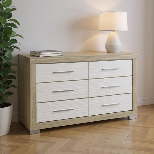 63" Natural And White Wood Six Drawer Double Dresser