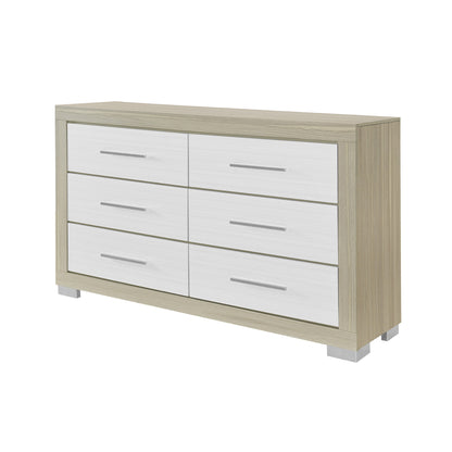 63" Natural And White Wood Six Drawer Double Dresser