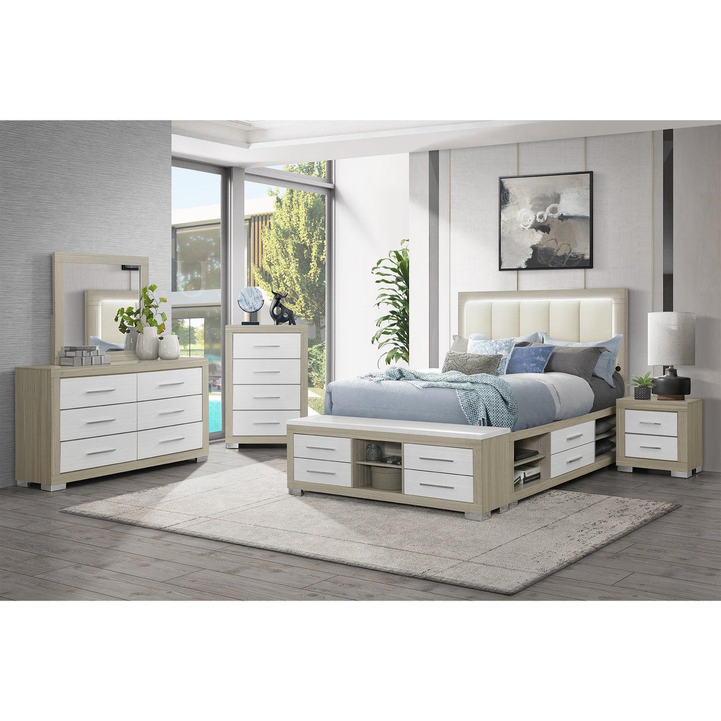 23" Natural And White Wood Square Two Drawer Nightstand