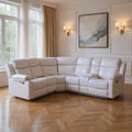 Off White Faux Leather Reclining Curved Six Piece Sectional With LED And Console