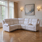 Off White Faux Leather Reclining Curved Six Piece Sectional With LED And Console