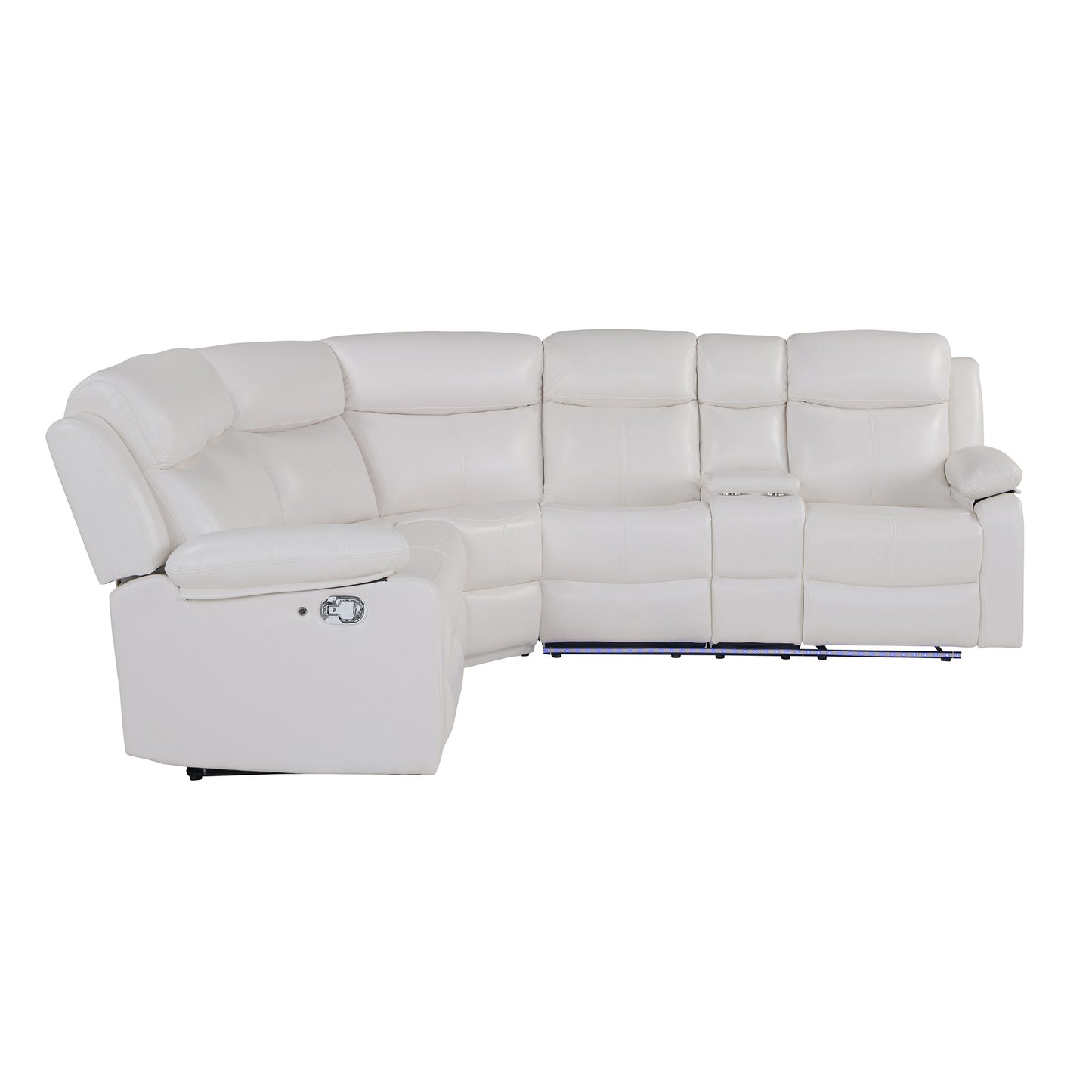 Off White Faux Leather Reclining Curved Six Piece Sectional With LED And Console