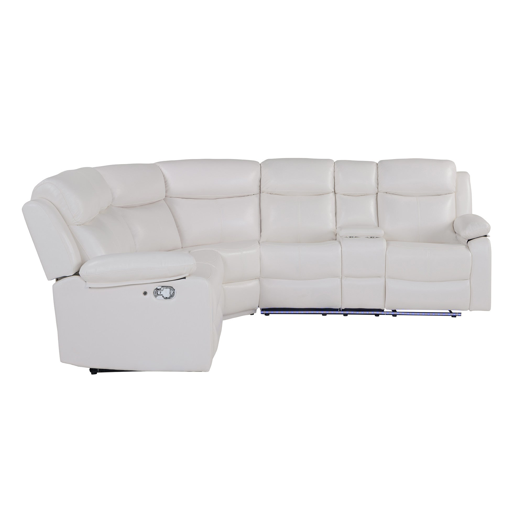 Off White Faux Leather Reclining Curved Six Piece Sectional With LED And Console