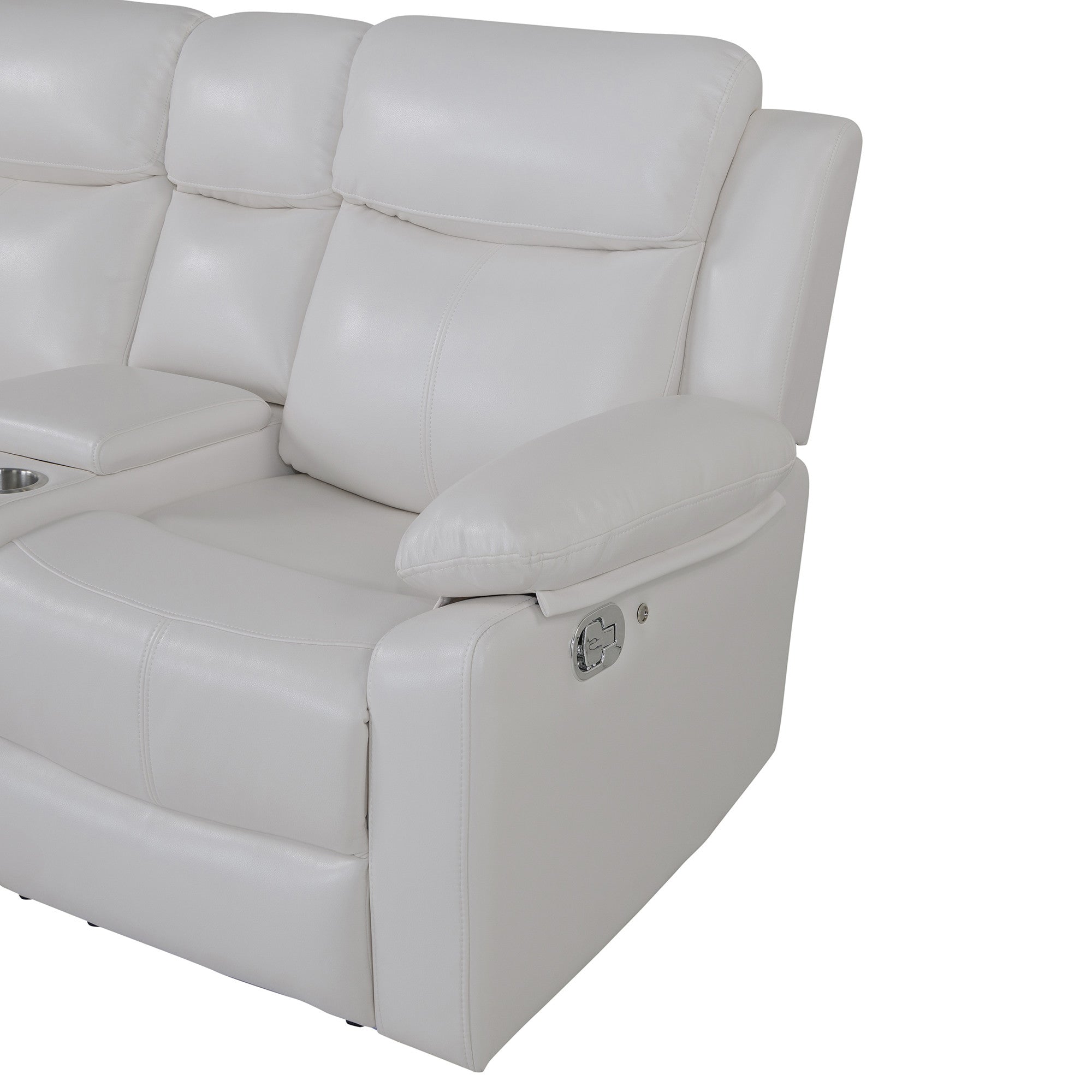 Off White Faux Leather Reclining Curved Six Piece Sectional With LED And Console