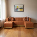 Orange Velvet U Shaped Three Piece Sofa and Chaise Sectional With Toss Pillows