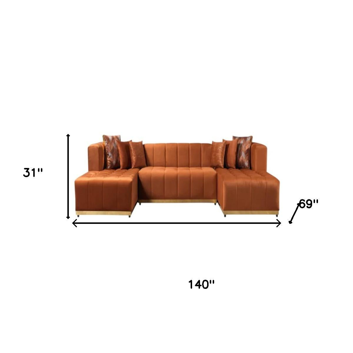 Orange Velvet U Shaped Three Piece Sofa and Chaise Sectional With Toss Pillows