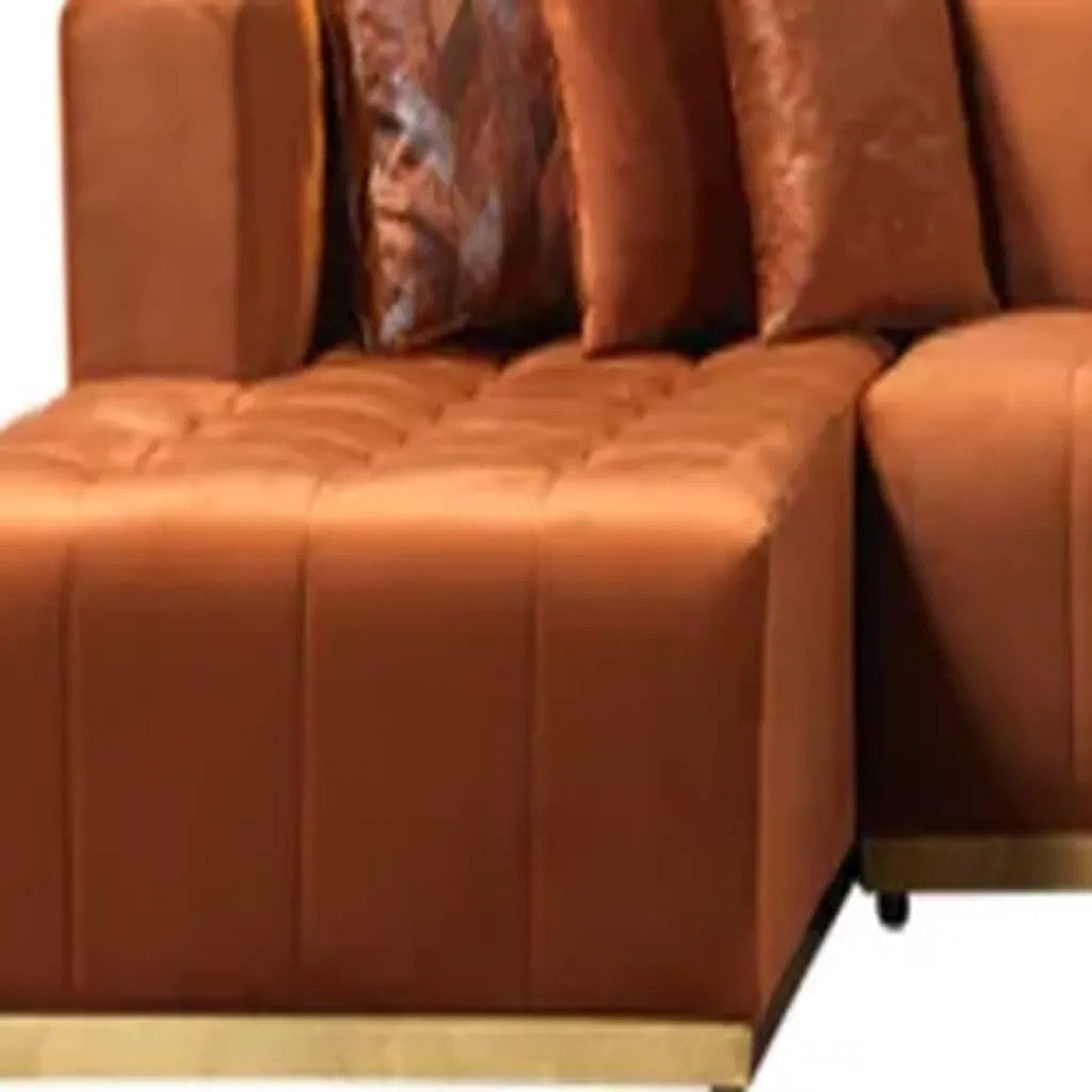 Orange Velvet U Shaped Three Piece Sofa and Chaise Sectional With Toss Pillows