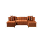 Orange Velvet U Shaped Three Piece Sofa and Chaise Sectional With Toss Pillows