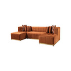 Orange Velvet U Shaped Three Piece Sofa and Chaise Sectional With Toss Pillows