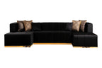 Black Velvet U Shaped Three Piece Sofa and Chaise Sectional With Toss Pillows