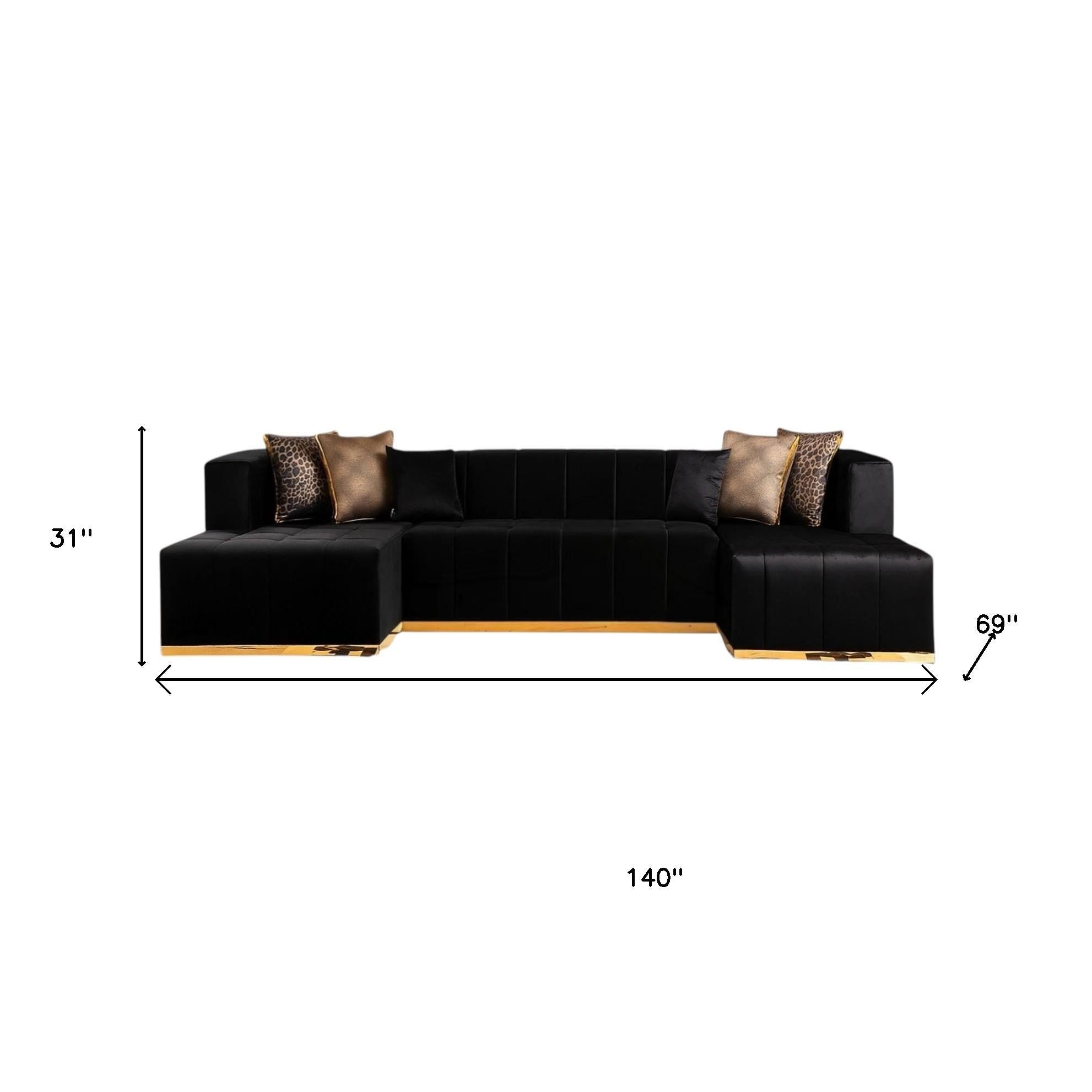 Black Velvet U Shaped Three Piece Sofa and Chaise Sectional With Toss Pillows