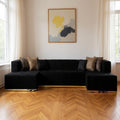 Black Velvet U Shaped Three Piece Sofa and Chaise Sectional With Toss Pillows
