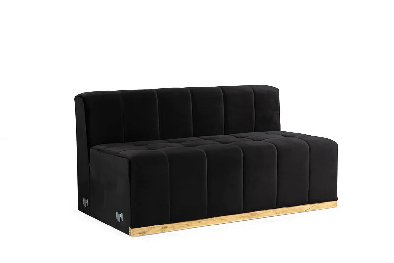 Black Velvet U Shaped Three Piece Sofa and Chaise Sectional With Toss Pillows
