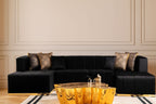 Black Velvet U Shaped Three Piece Sofa and Chaise Sectional With Toss Pillows