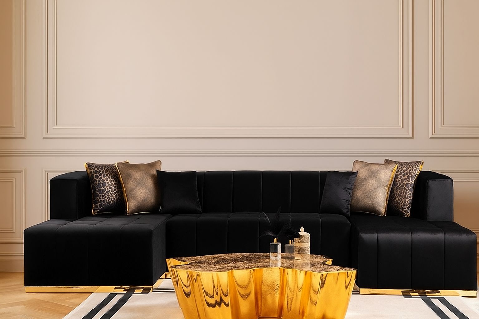 Black Velvet U Shaped Three Piece Sofa and Chaise Sectional With Toss Pillows