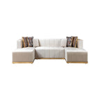 Ivory Velvet U Shaped Three Piece Sofa and Chaise Sectional With Toss Pillows
