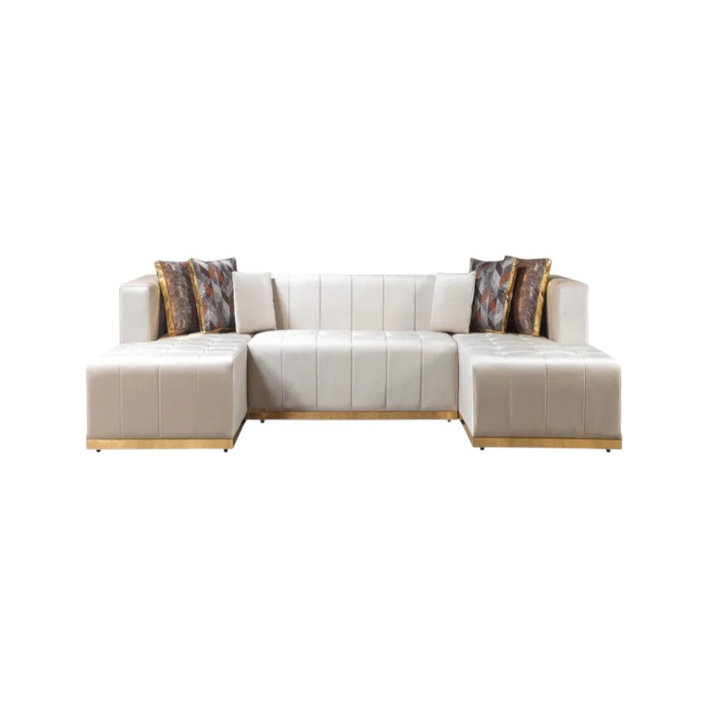 Ivory Velvet U Shaped Three Piece Sofa and Chaise Sectional With Toss Pillows