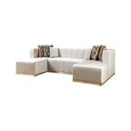 Ivory Velvet U Shaped Three Piece Sofa and Chaise Sectional With Toss Pillows
