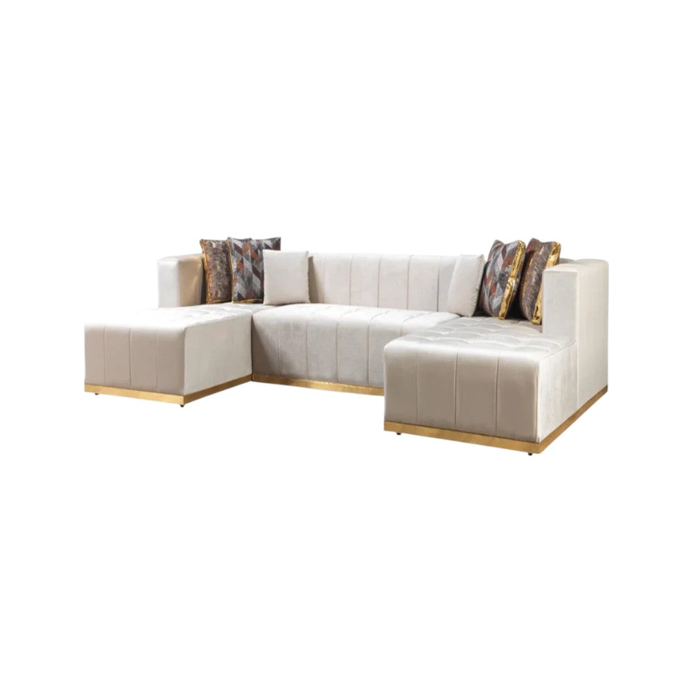 Ivory Velvet U Shaped Three Piece Sofa and Chaise Sectional With Toss Pillows