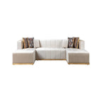 Ivory Velvet U Shaped Three Piece Sofa and Chaise Sectional With Toss Pillows